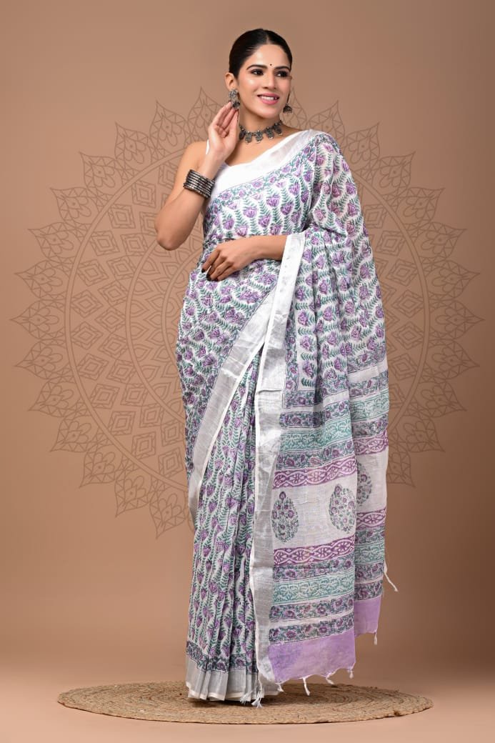 Hand Block Printed Linen Saree with Blouse